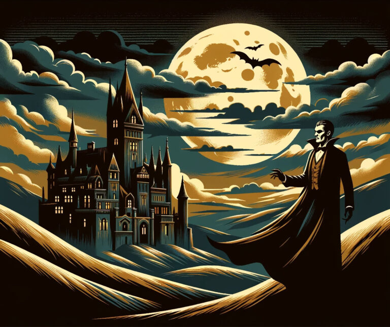 Imagen representativa de Drácula, ícono de la literatura de terror, mostrando un vampiro en un ambiente gótico, reflejando la influencia y el misterio del personaje en el género del horror.