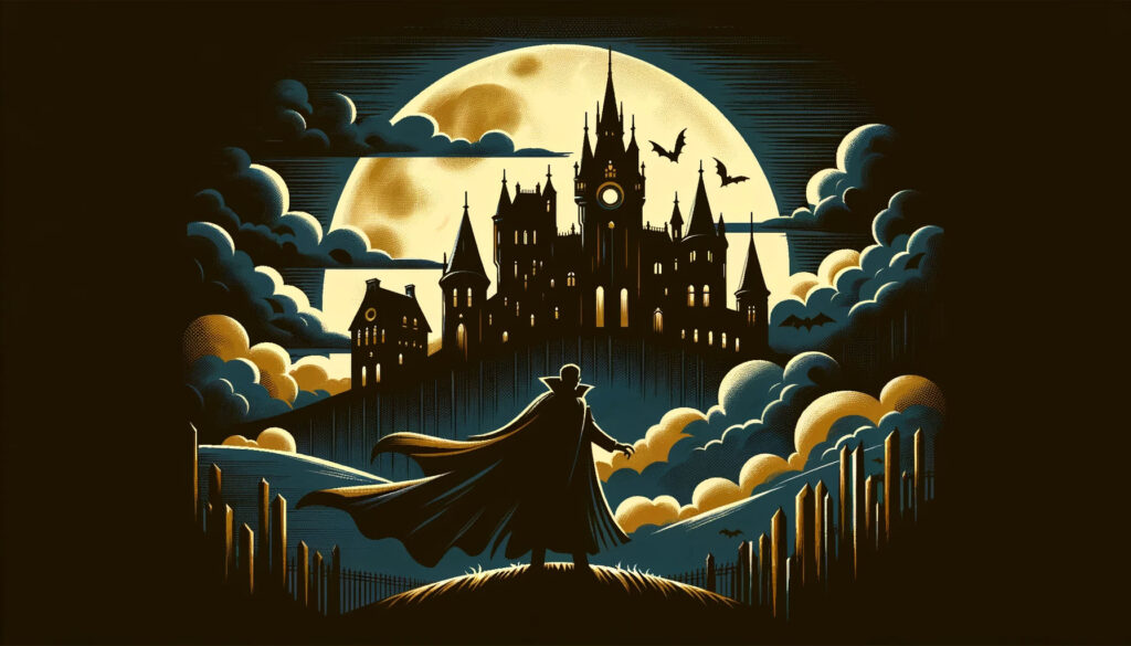 Imagen de vampiro estilizada evocando a Drácula, clave en la evolución del terror literario, destacando elementos góticos y misteriosos característicos del género.